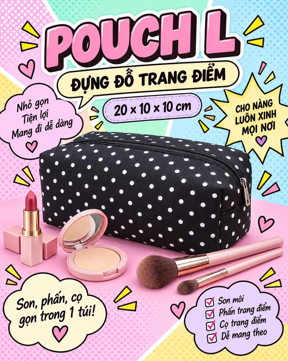 Túi đựng mỹ phẩm, đồ make up size L form đứng