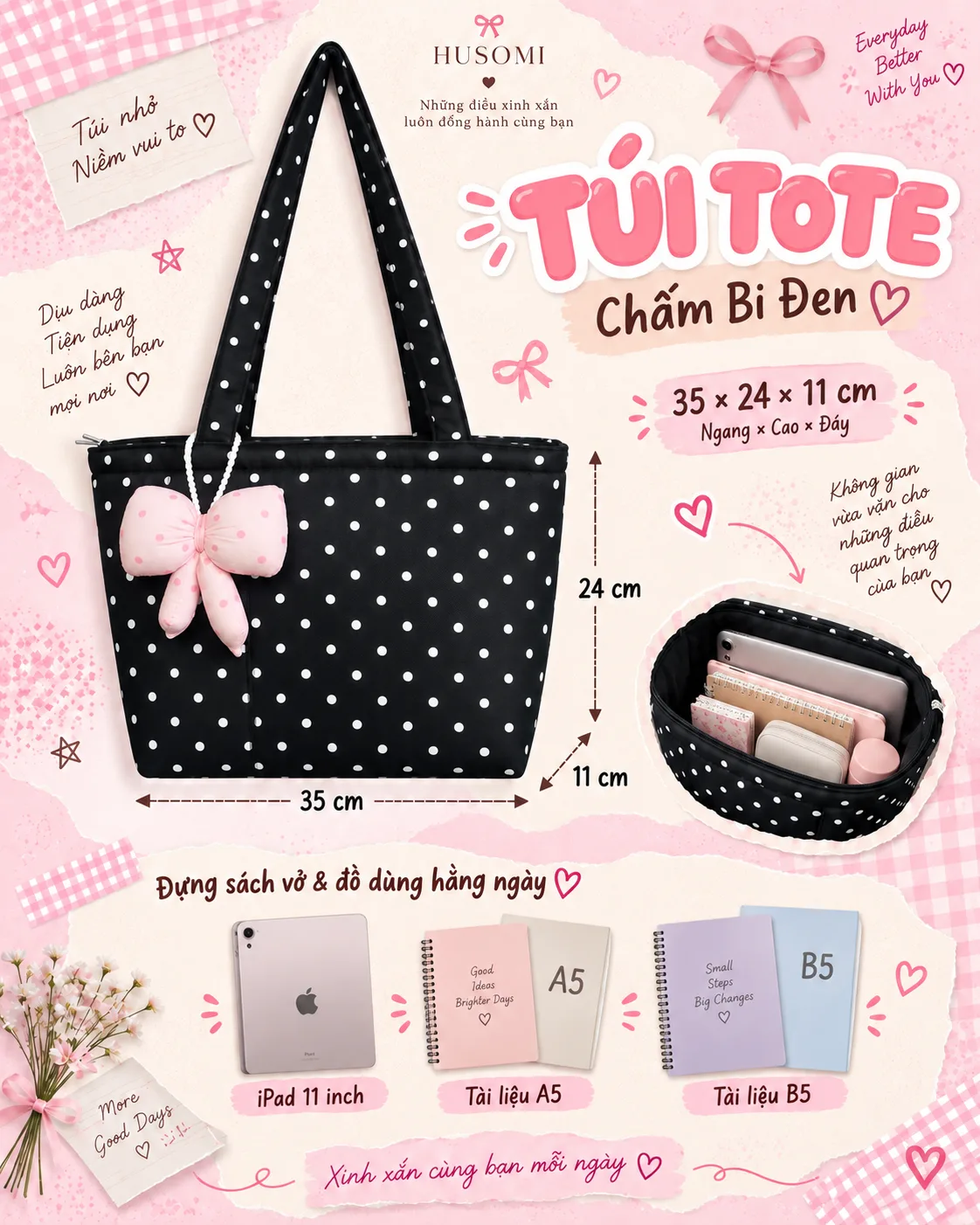 Túi Tote Nữ Chấm Bi Đen